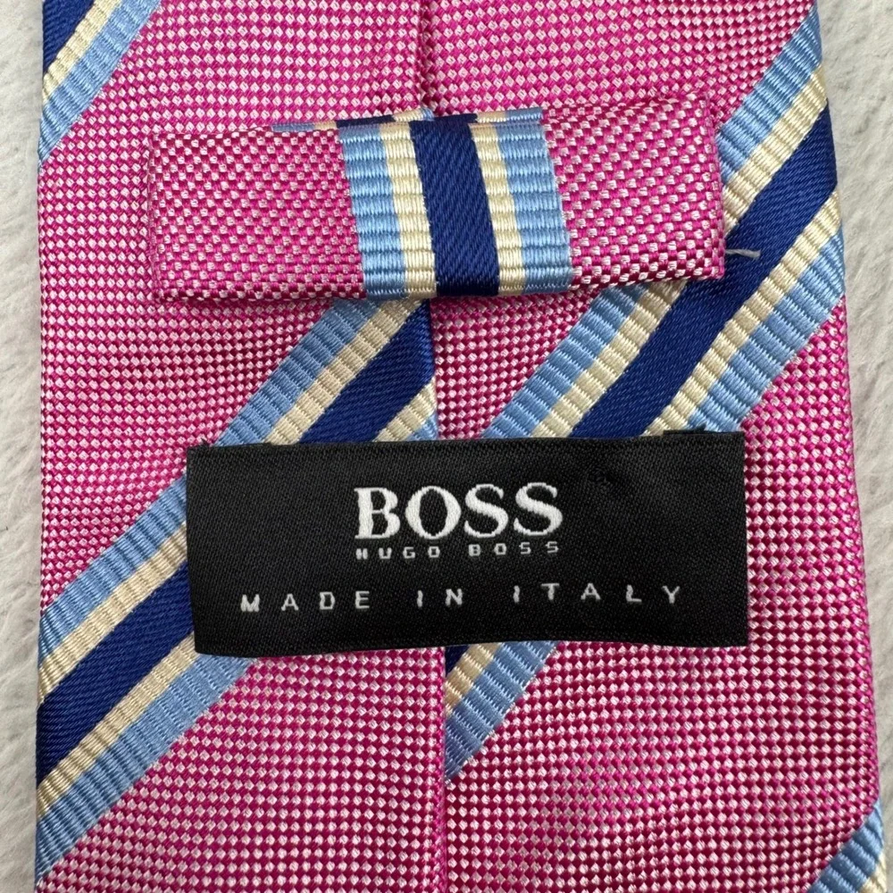BOSS Hugo Boss Silk Tie Mens One Size Pink Navy Blue Striped Made in Italy
